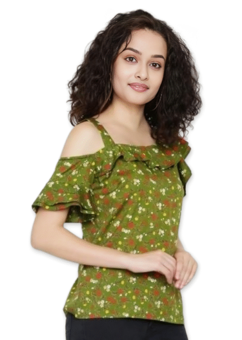 Olive Green One Shoulder American Crepe Printed Top From Swadeshi Couture - Image 2