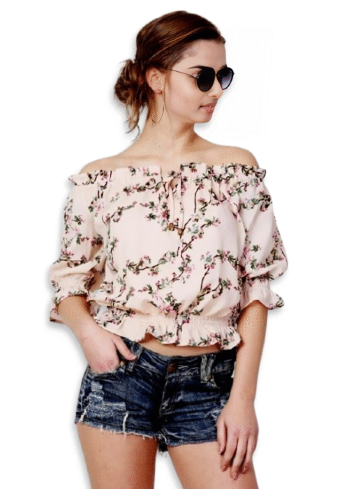 Beige Summercoo l Printed Off Shoulder Top From Swadeshi Couture - Image 2