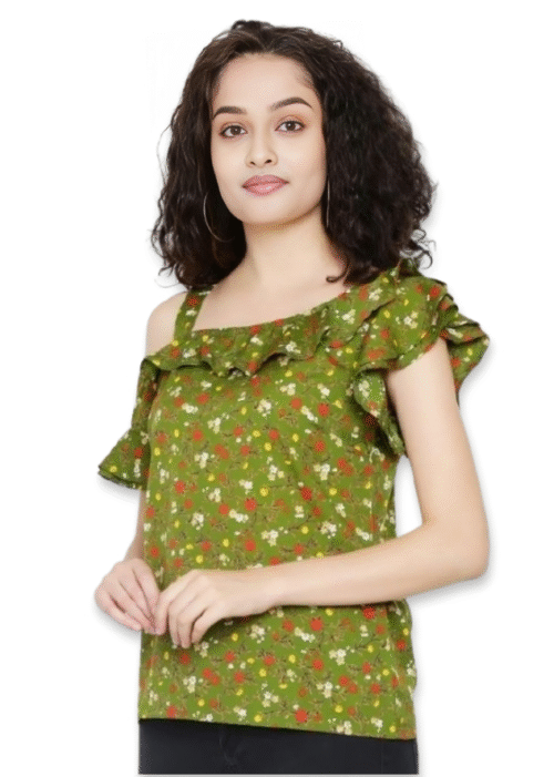 Olive Green One Shoulder American Crepe Printed Top From Swadeshi Couture - Image 3