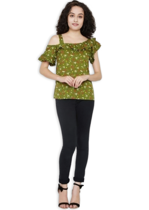 Olive Green One Shoulder American Crepe Printed Top From Swadeshi Couture