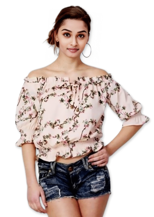 Beige Summercoo l Printed Off Shoulder Top From Swadeshi Couture