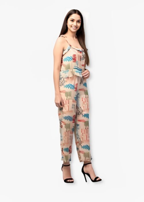 Abstract Print Sleeveless Jumpsuit - Beige & Multicolor - Image 2