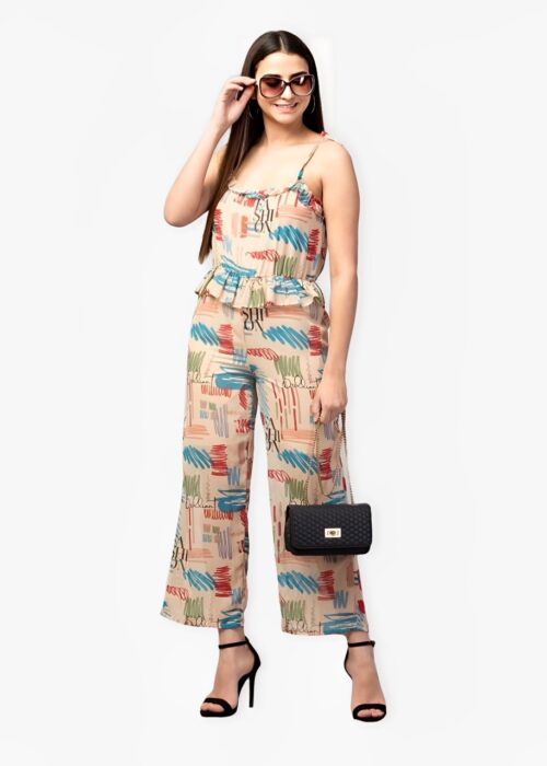 Abstract Print Sleeveless Jumpsuit - Beige & Multicolor