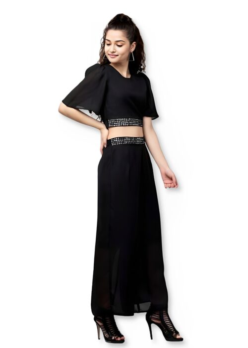 Elegant Black Embellished Co-Ord Set – Crop Top & Wide-Leg Pants From Swadeshi Couture - Image 2