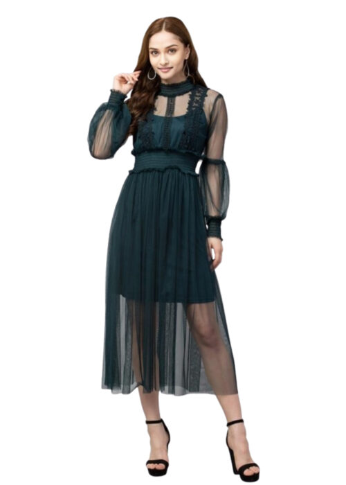 Sea Green Lace Net Dress With Lining From Swadeshi Zone