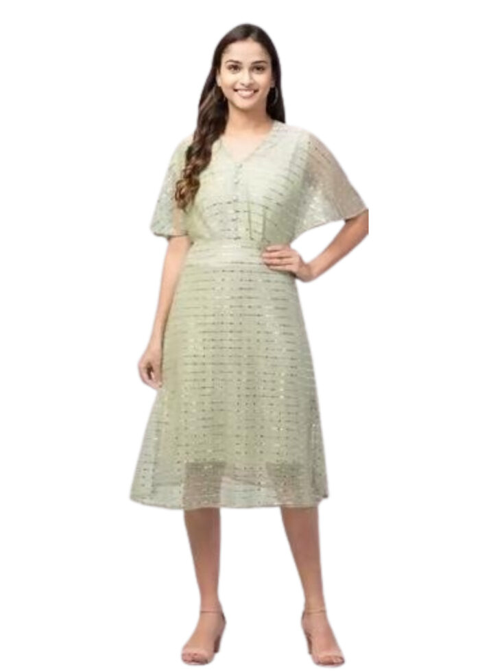 Olive Green Embellished Work Net Dress From Swadeshi Zone