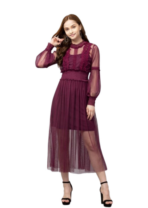 Wine Lace Net Dress With Lining From Swadeshi Zone