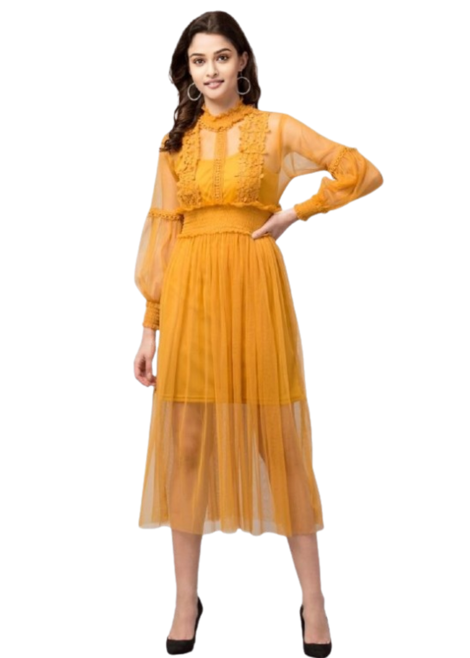 Mustard Lace Net Dress With Lining From Swadeshi Zone