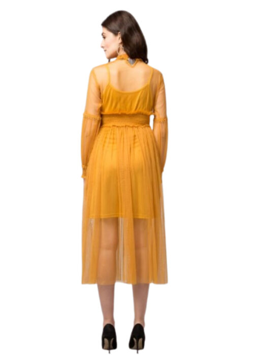 Mustard Lace Net Dress With Lining From Swadeshi Zone - Image 2