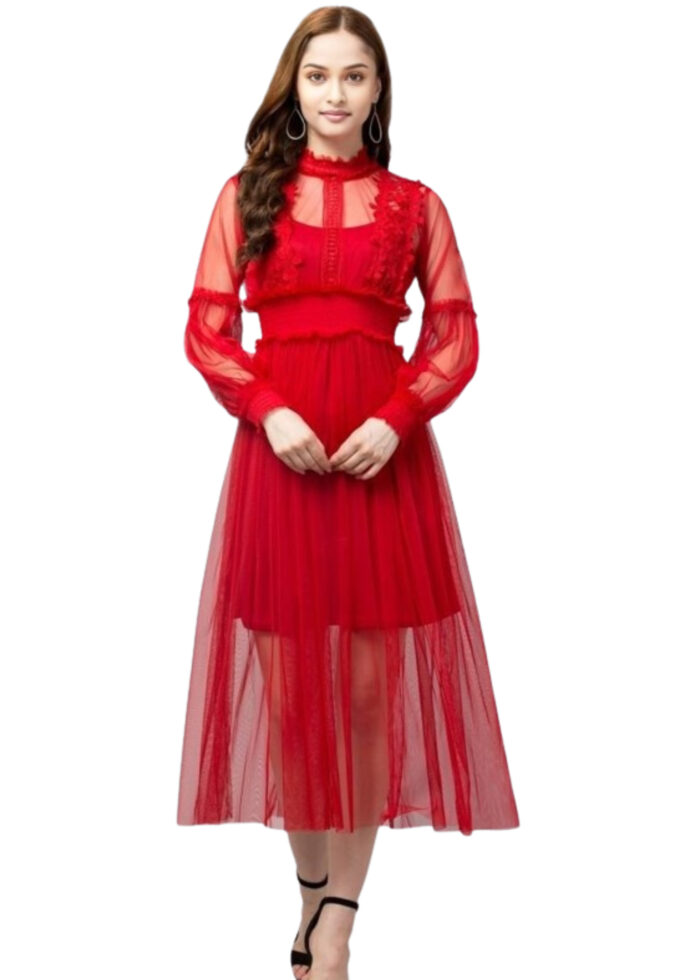 Red Lace Net Dress With Lining From Swadeshi Zone