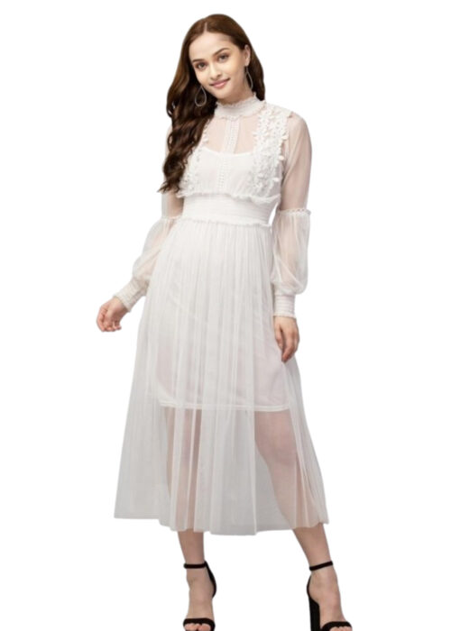 White Lace Net Dress With Lining From Swadeshi Zone