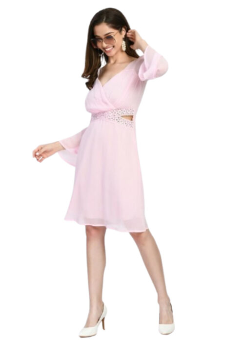 Pink Georgette Lace Work Dress with Lining From Swadeshi Zone