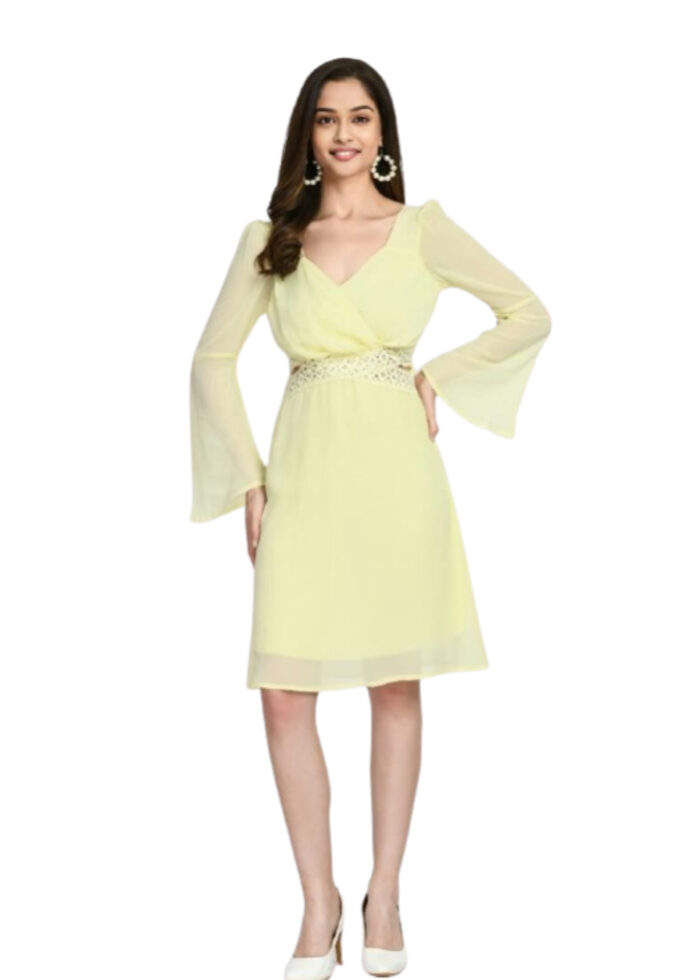 Lemon Georgette Lace Work Dress with Lining From Swadeshi Zone