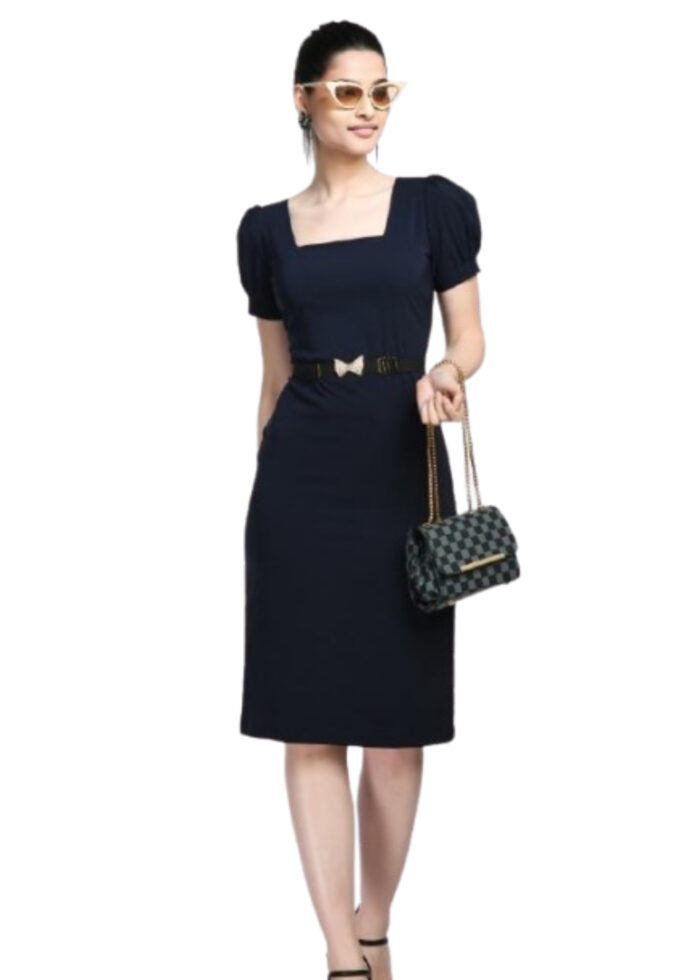 Navy Blue Bodycone Cotton Spandex Dress with Belt From Swadeshi Zone