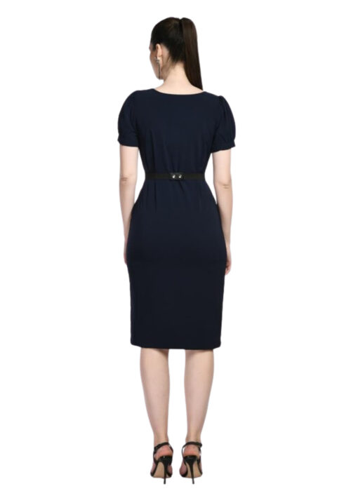 Navy Blue Bodycone Cotton Spandex Dress with Belt From Swadeshi Zone - Image 2