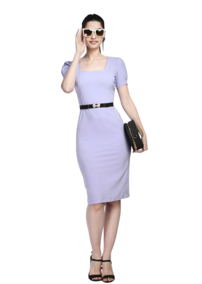 Lavender Bodycone Cotton Spandex Dress with Belt From Swadeshi Zone