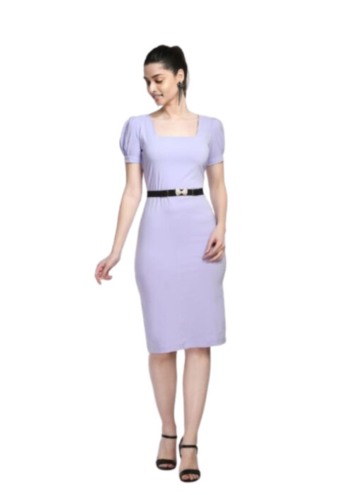 Lavender Bodycone Cotton Spandex Dress with Belt From Swadeshi Zone - Image 2