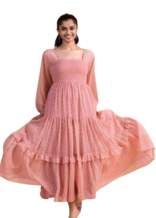 Peach Chiffon Butta Frill Dress From Swadeshi Zone