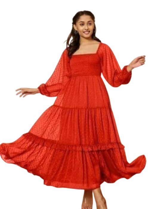 Red Chiffon Butta Frill Dress From Swadeshi Zone