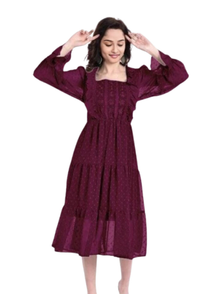 Maroon Georgette Dobby Middi Embroidered Dress From Swadeshi Zone