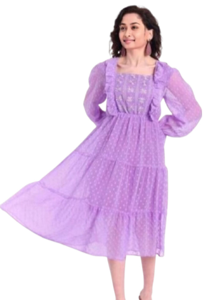 Lavender Georgette Dobby Middi Embroidered Dress From Swadeshi Zone