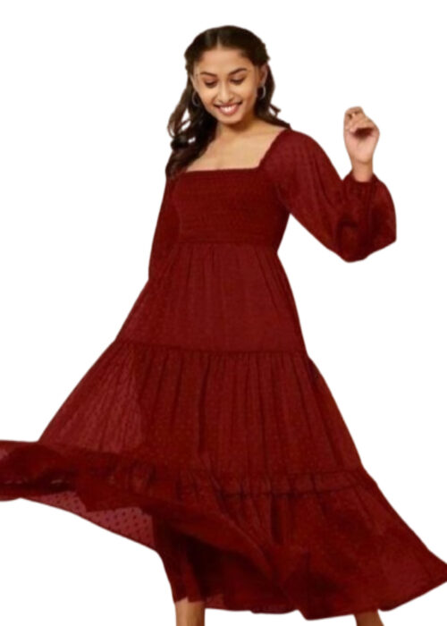 Chiffon Butta Frill Dress Maroon From Swadeshi Zone