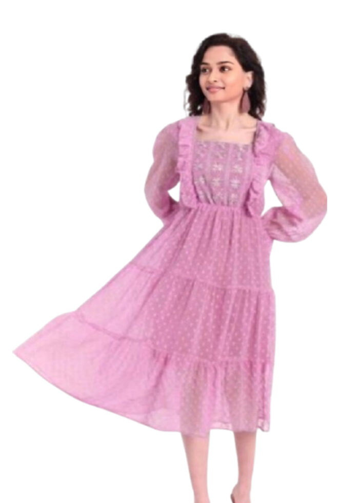 Pink Georgette Dobby Middi Embroidered Dress From Swadeshi Zone