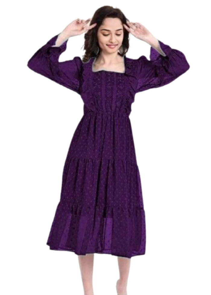 Purple Georgette Dobby Middi Embroidered Dress From Swadeshi Zone