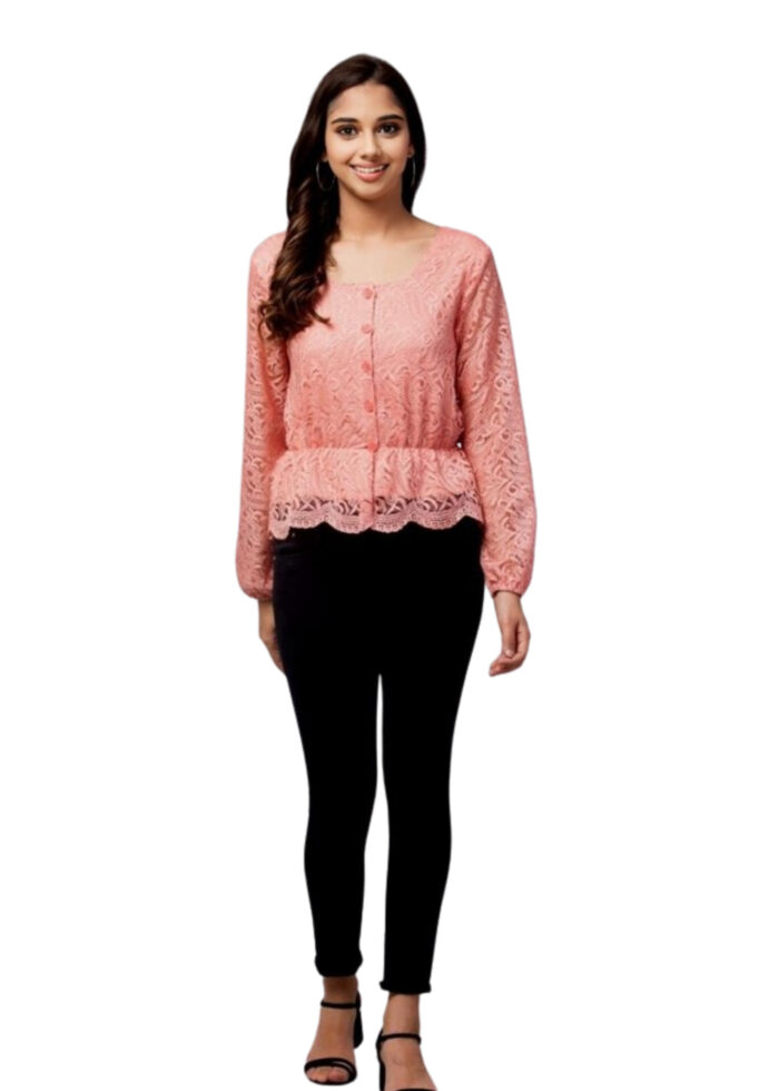 Peach Bishop Sleeve Peplum Lace Fabric Top From Swadeshi Couture