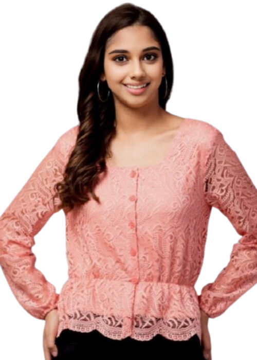 Peach Bishop Sleeve Peplum Lace Fabric Top From Swadeshi Couture - Image 2