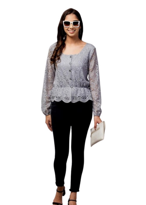 Grey Bishop Sleeve Peplum Lace Fabric Top From Swadeshi Couture
