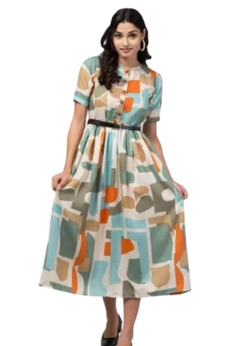 Mint Green Rayon Dress With Belt From Swadeshi Zone
