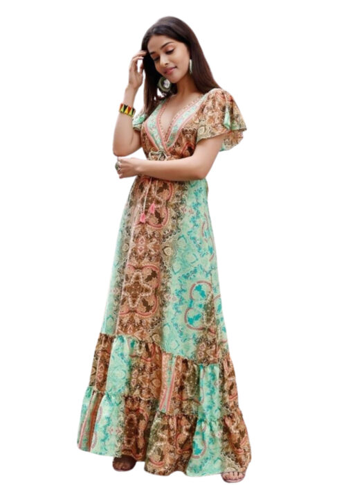 Sea Green Golden Foil Printed Long Dress From Swadeshi Zone