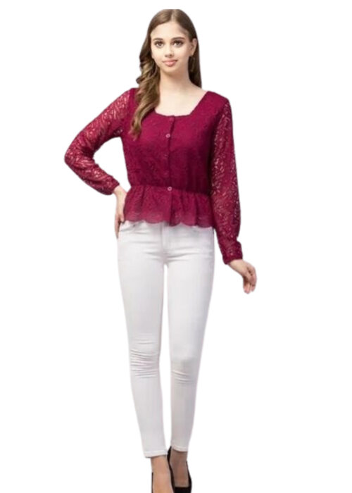 Purple Bishop Sleeve Peplum Lace Fabric Fabric Top From Swadeshi Zone - Image 2