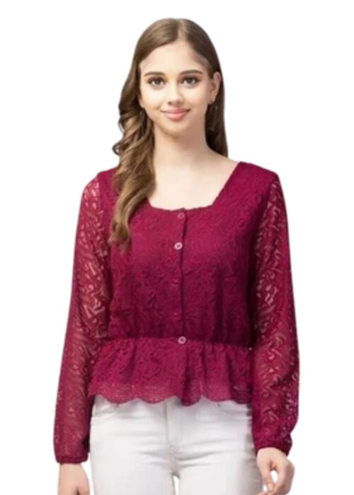 Purple Bishop Sleeve Peplum Lace Fabric Fabric Top From Swadeshi Zone