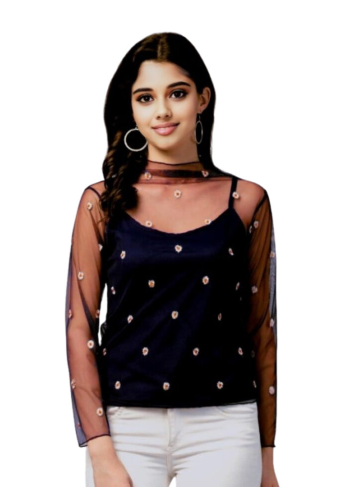Navy Blue Color Embroidered Net Fabric Top From Swadeshi Zone