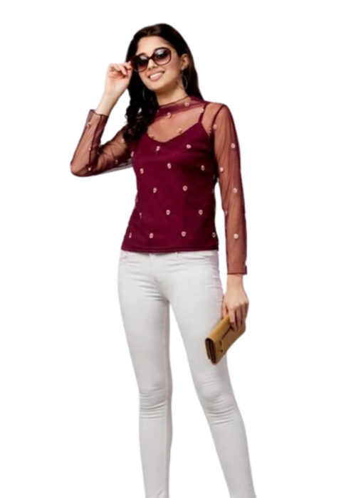 Wine Color Embroidered Net Fabric Top From Swadeshi Zone - Image 2