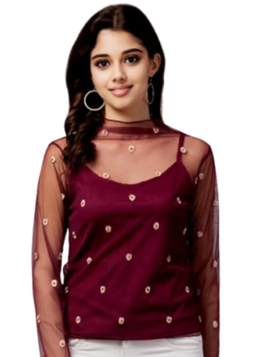 Wine Color Embroidered Net Fabric Top From Swadeshi Zone