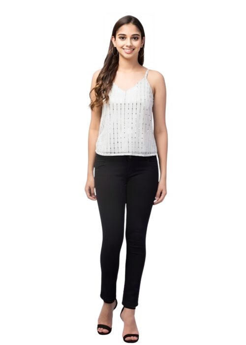 White Embellished Net Fabric Sleeevless Top From Swadeshi Couture
