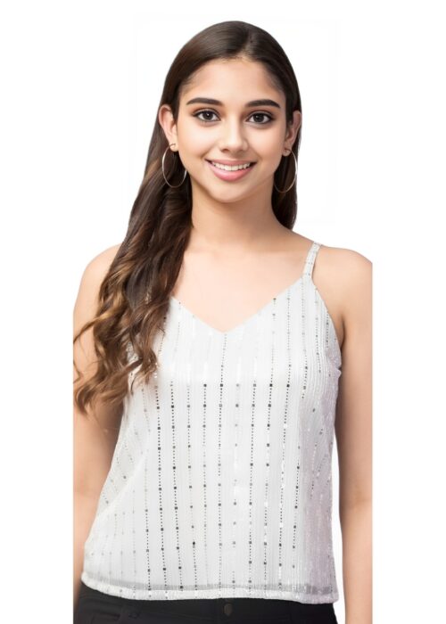 White Embellished Net Fabric Sleeevless Top From Swadeshi Couture - Image 2