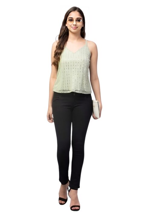 Olive Embellished Net Fabric Sleeevless Top from Swadeshi Couture