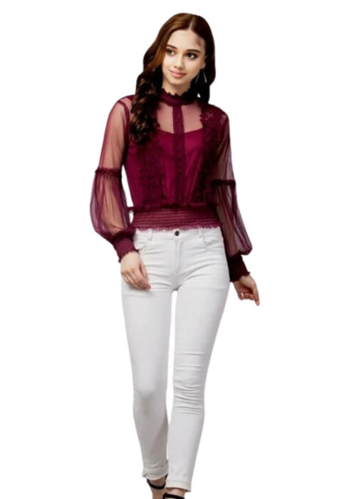 Puff Sleeve Wine Embellished Net Fabric Womens Top From Swadeshi Couture - Image 2