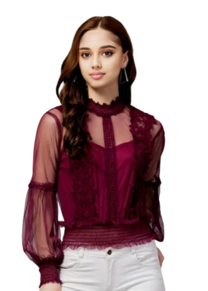 Puff Sleeve Wine Embellished Net Fabric Womens Top From Swadeshi Couture