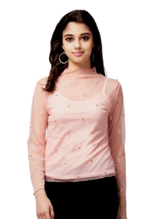 Peach Color Embroidered Net Fabric Top From Swadeshi Couture