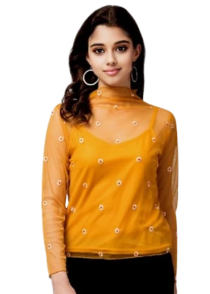 Mustard Color Embroidered Net Fabric Top From Swadeshi Couture