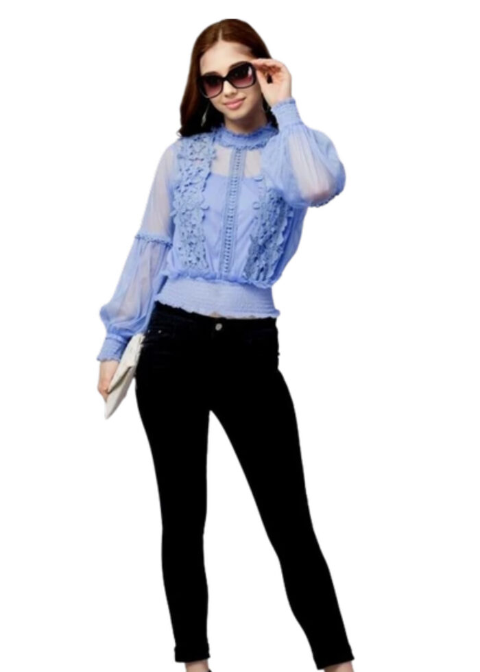 Puff Sleeve Blue Embellished Net Fabric Womens Top From Swadeshi Couture