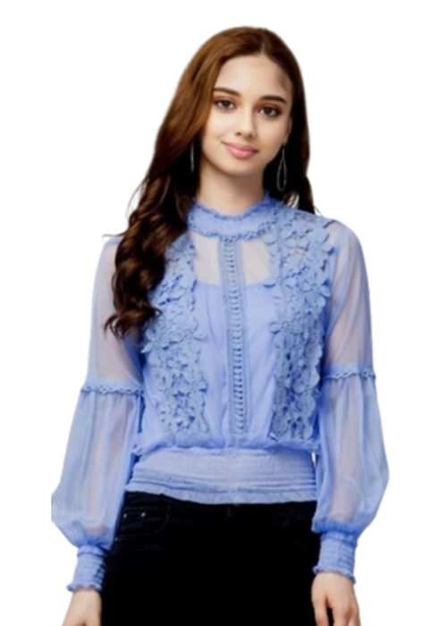 Puff Sleeve Blue Embellished Net Fabric Womens Top From Swadeshi Couture - Image 2