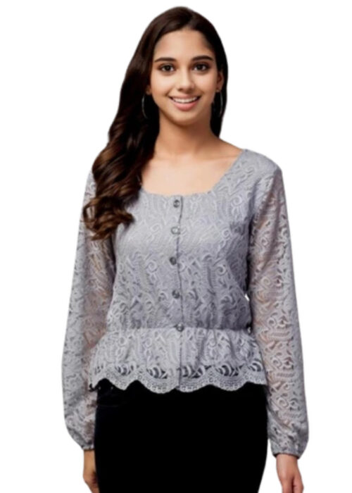 Grey Bishop Sleeve Peplum Lace Fabric Top from Swadeshi Couture - Image 2