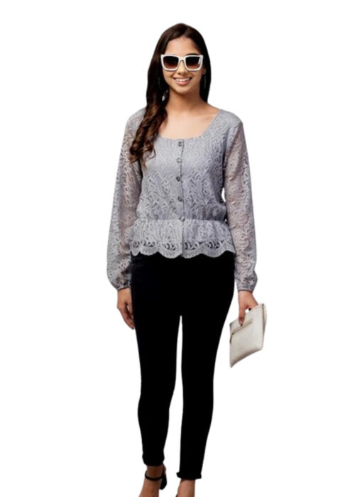 Grey Bishop Sleeve Peplum Lace Fabric Top from Swadeshi Couture