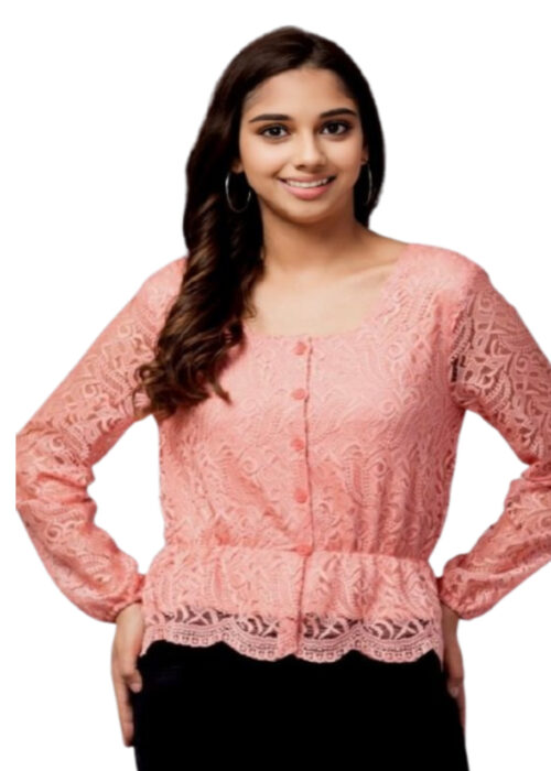 Peach Bishop Sleeve Peplum Lace Fabric Top From Swadeshi Couture - Image 2